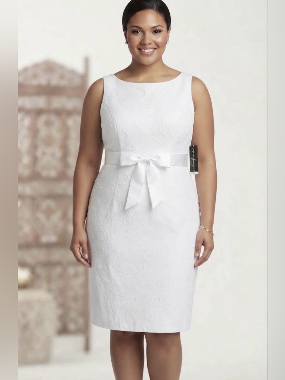 NWT Jessica Howard white sleeveless dress  circular pattern ribbon waist tie 14